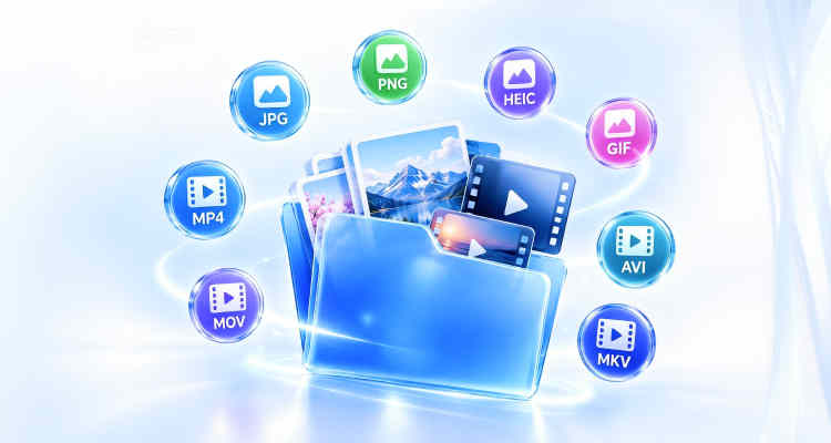 Supported photo and video formats including JPG, PNG, HEIC, GIF, MP4, MOV, AVI and MKV